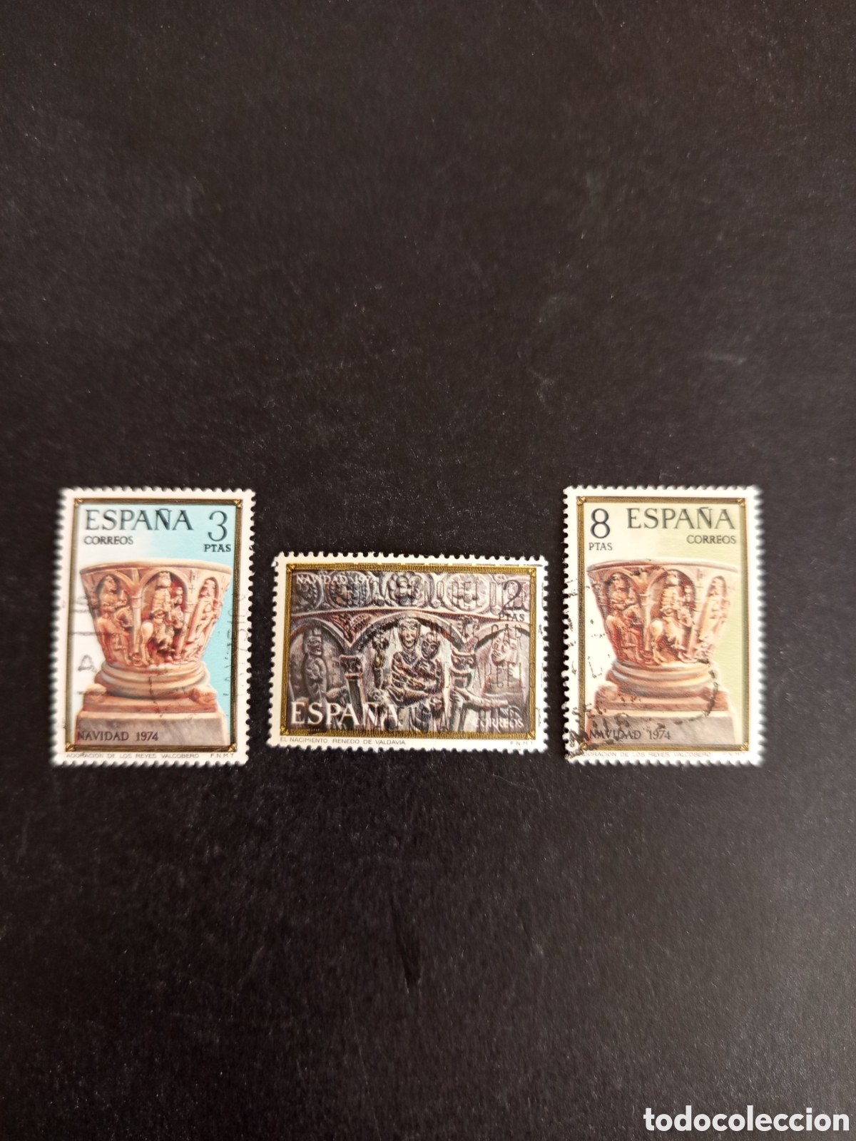 Sellos: Espa&ntilde;a, 1974. Navidad. Capiteles, El Nacimiento y Adoraci&oacute;n de los Reyes. Usados. Ed. 2217/9.