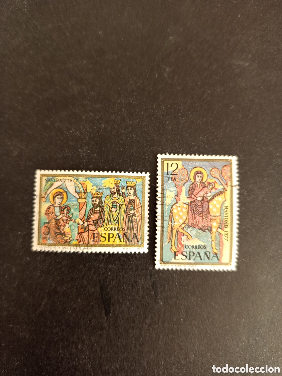 Sellos: Espa&ntilde;a, 1977. Navidad. Adoraci&oacute;n de los Reyes; La Huida a Egipto. Usados.Ed. 2446/7.Pedido m&iacute;nimo 3&euro;