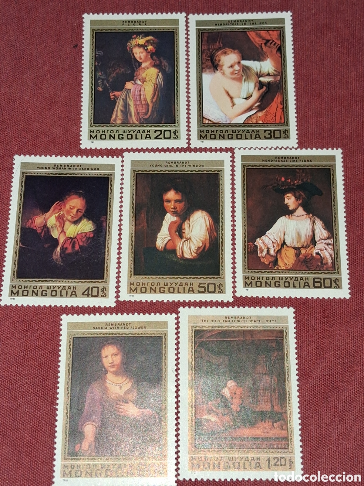 Stamps: Sello Mongolia mtdo 1981. Pintura. 375Aniv nacimiento Rembrandt. Arte. Gente. Joven. Mujer.