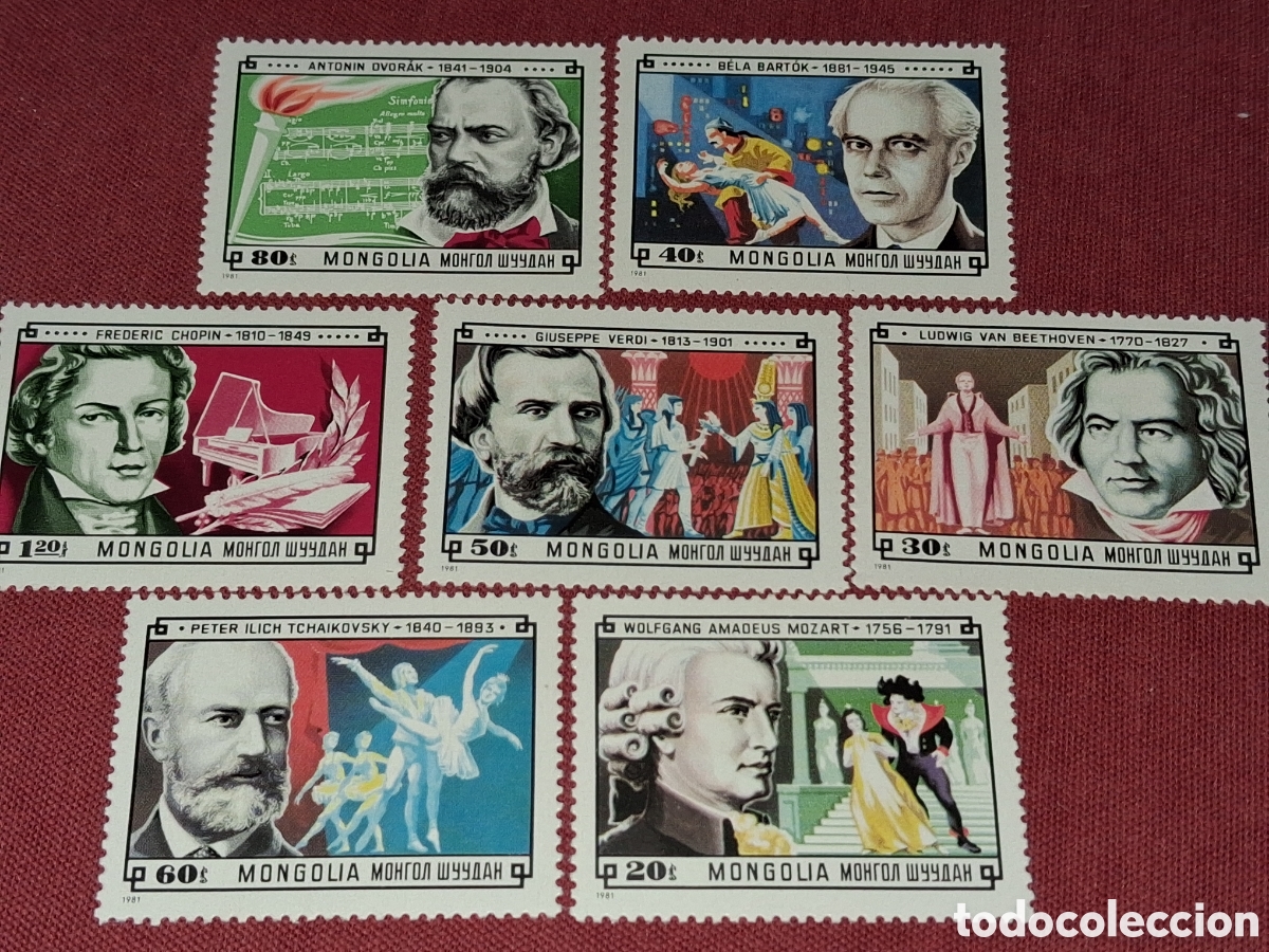 Sellos: Sello Mongolia nuevo 1981. Compositores Artistas. Teatro. Opera. Verdi. Beethoven. Chopin. Tchaikovs