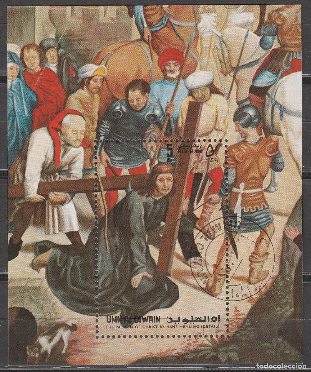 Briefmarken: Umm al Qiwain (Emiratos Arabes Unidos) n&ordf; 525, La Pasi&oacute;n de Cristo de Memling, usado en hoja bloque