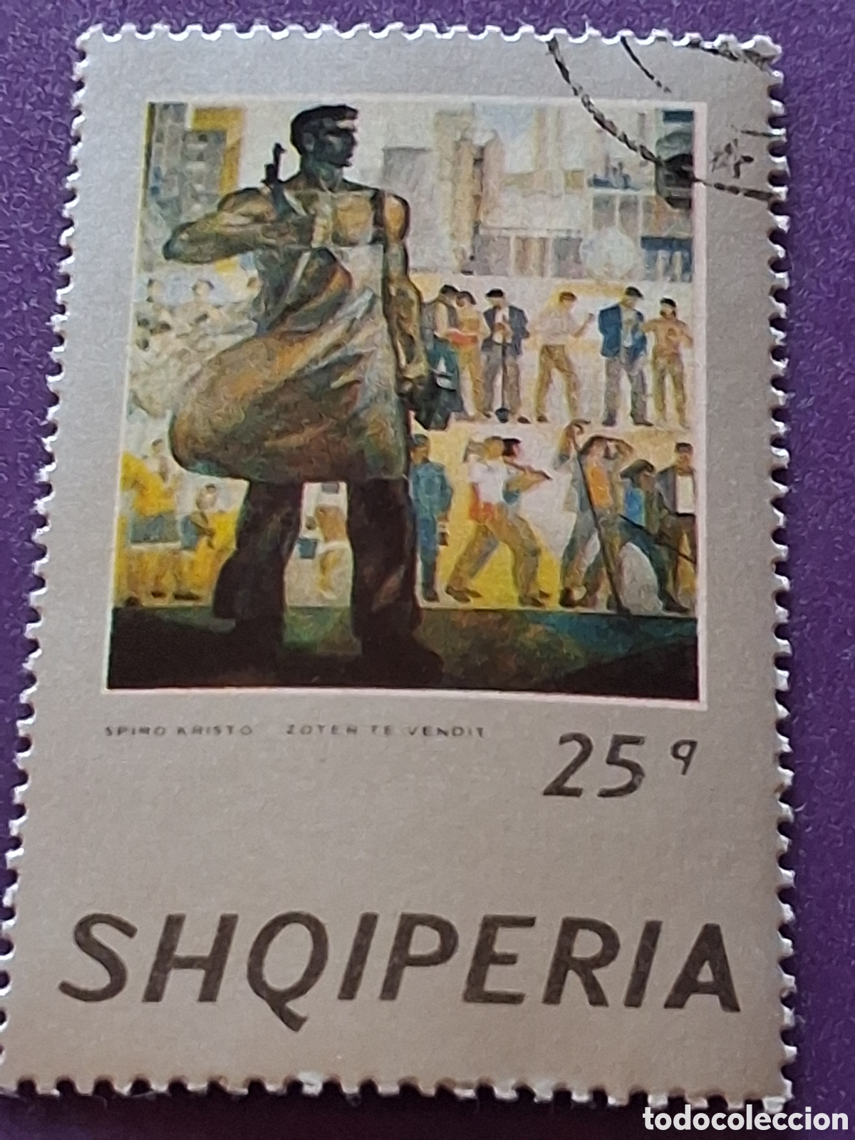 Selos: Sello (1/8v) Albania mtdo 1974. Pintura. Arte. Cuadro. Llamada a la acci&oacute;n. Gente. Spiro.