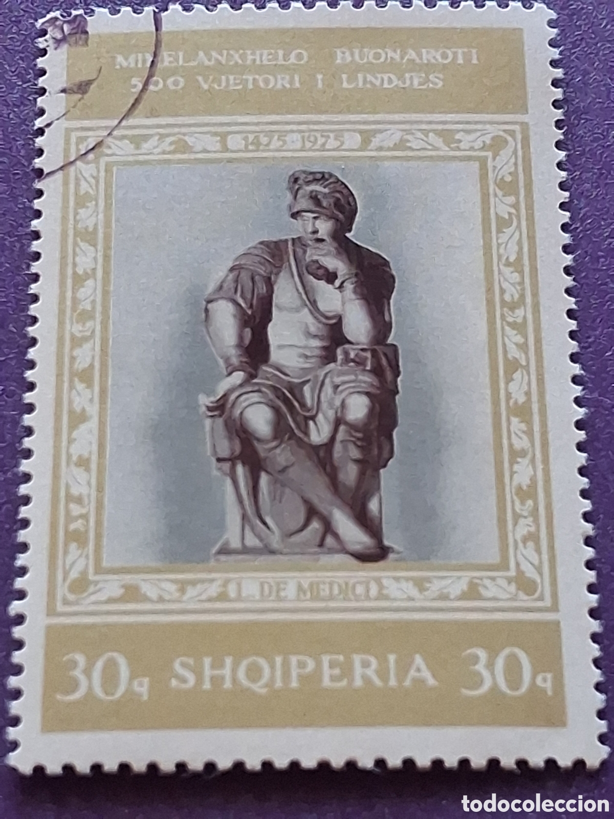 Selos: Sello (1/8v) Albania mtdo 1975. 500Aniv nacimiento escultura, pintura Miguel &Aacute;ngel. Arte.