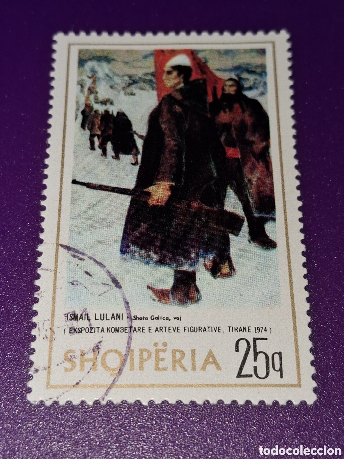 Selos: Sello (1/8v) Albania mtdo 1975. Pinturas albaneses. Arte. Partisano. Ismail. Bandera. Soldado. Rifle