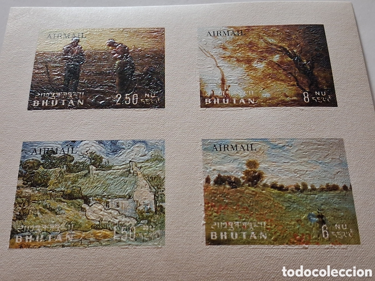 Sellos: HB Bhut&aacute;n nuevo 1968. Pinturas impresionistas. Arte. Naturaleza. &Aacute;rbol. Van Gohg. Monet. Miller.