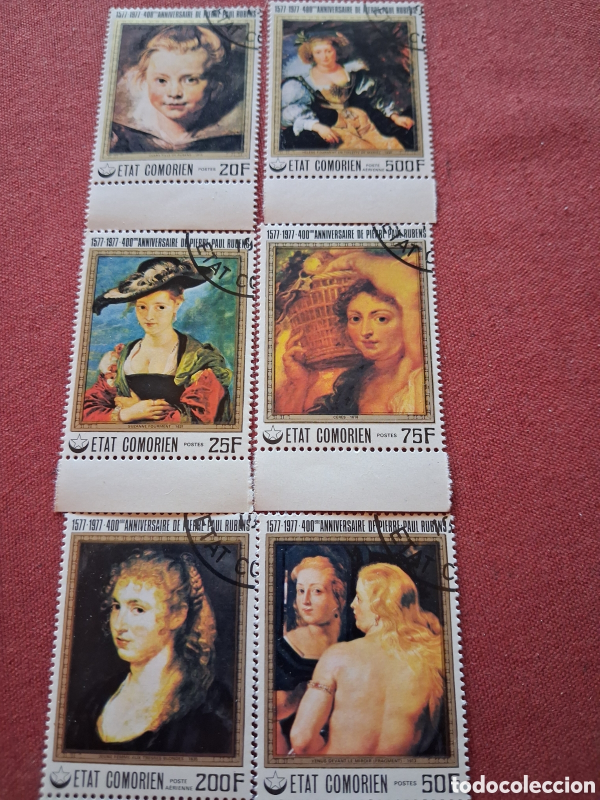 Stamps: Sello (2series) Comoras mtdo 1977. 400Aniv nacimiento Rubens. Pinturas. Arte. Mujer.
