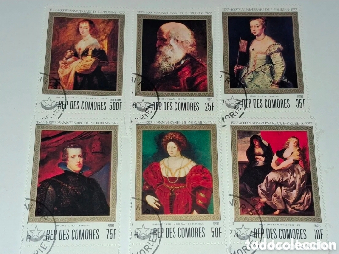 Sellos: Sello Comoras mtdo 1978. Pinturas. 400Aniv nacimiento Rubens. Arte. Perro. Felipe IV. Nobleza