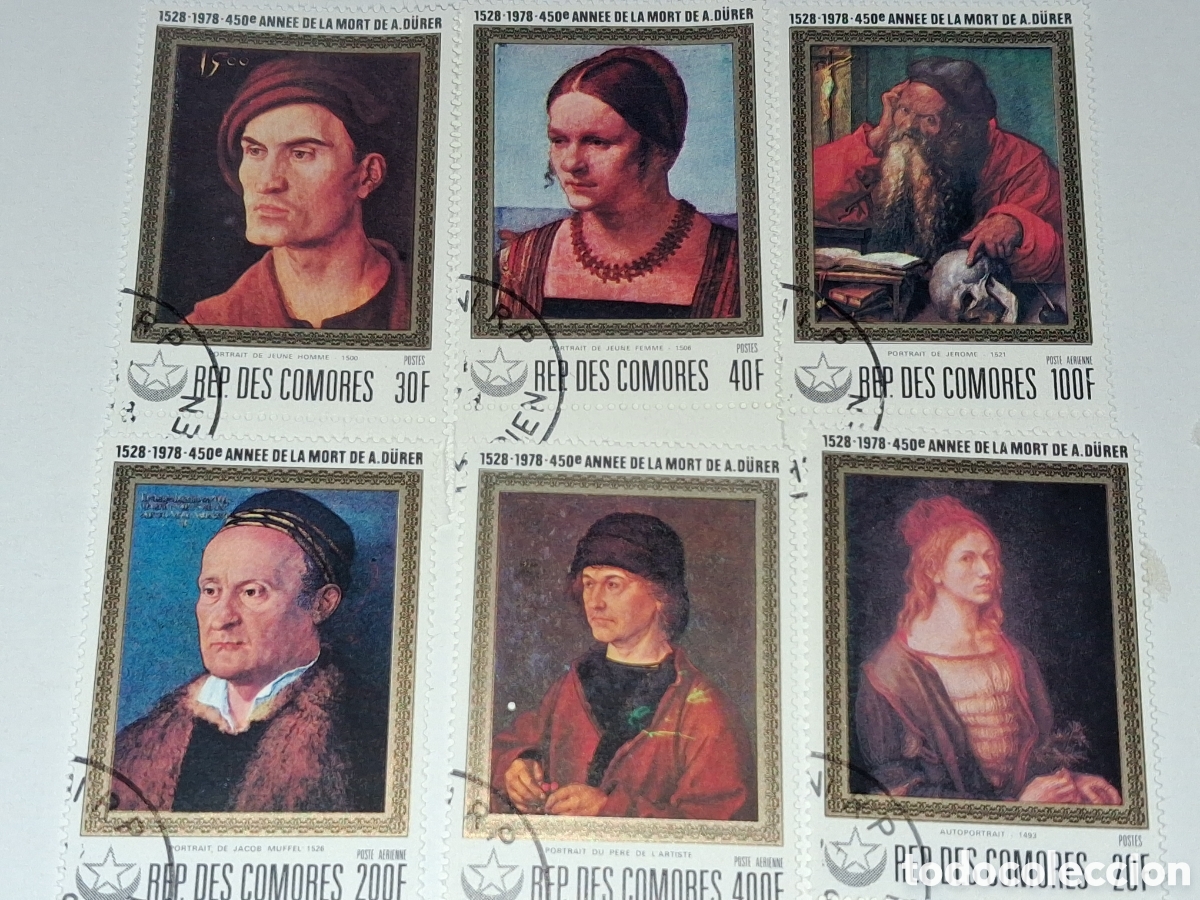 Sellos: Sello Comoras mtdo 1978. Pinturas. 450Aniv muerte Durer. Arte. Autoretratos. Jer&oacute;nimo. Mujer joven