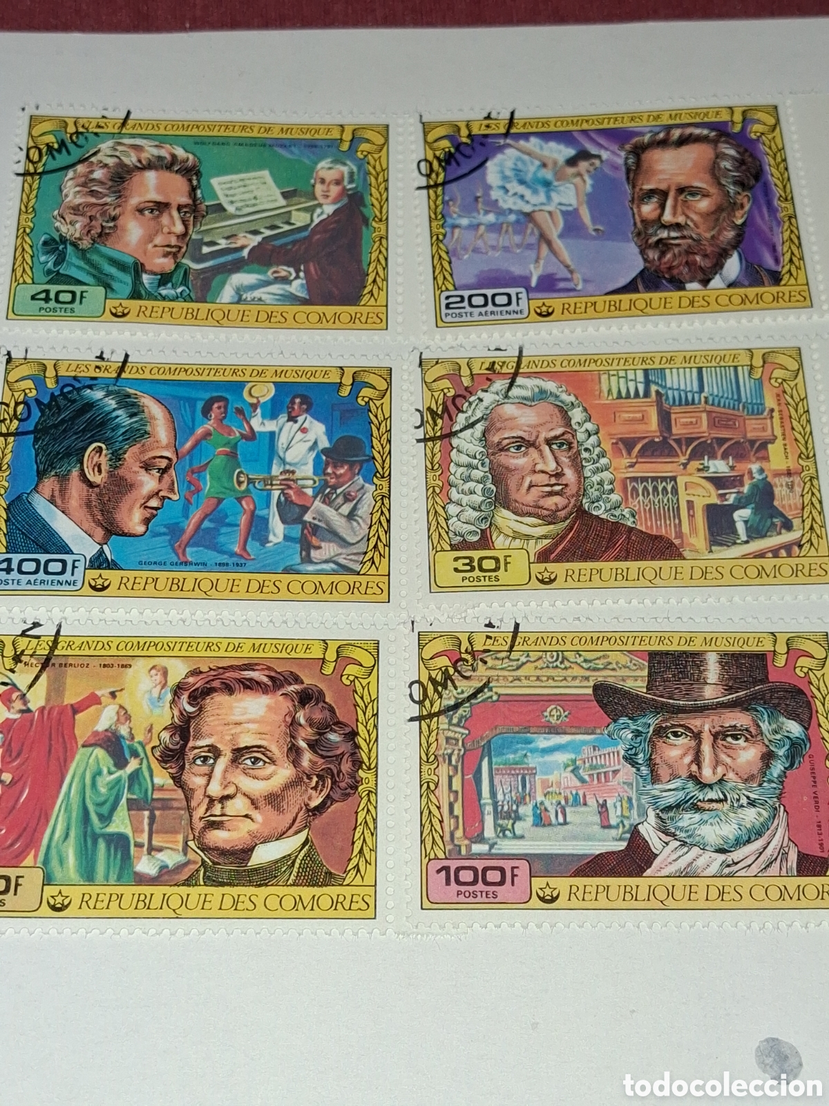 Sellos: Sello (2series) Comoras mtdo 1978. Compositores. Arte. Verdi. Opera. Teatro. M&uacute;sica Bach. Beethoven