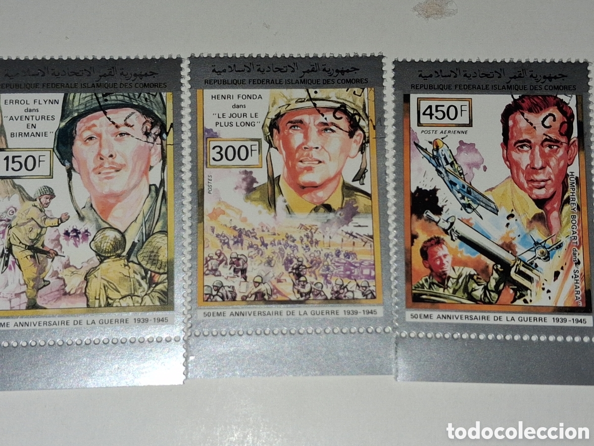 Sellos: Sello (2series) Comoras mtdo 1991. 50Aniv 2a guerra mundial. Cine. 7 arte. Actores. Bogart. Fonda Fl