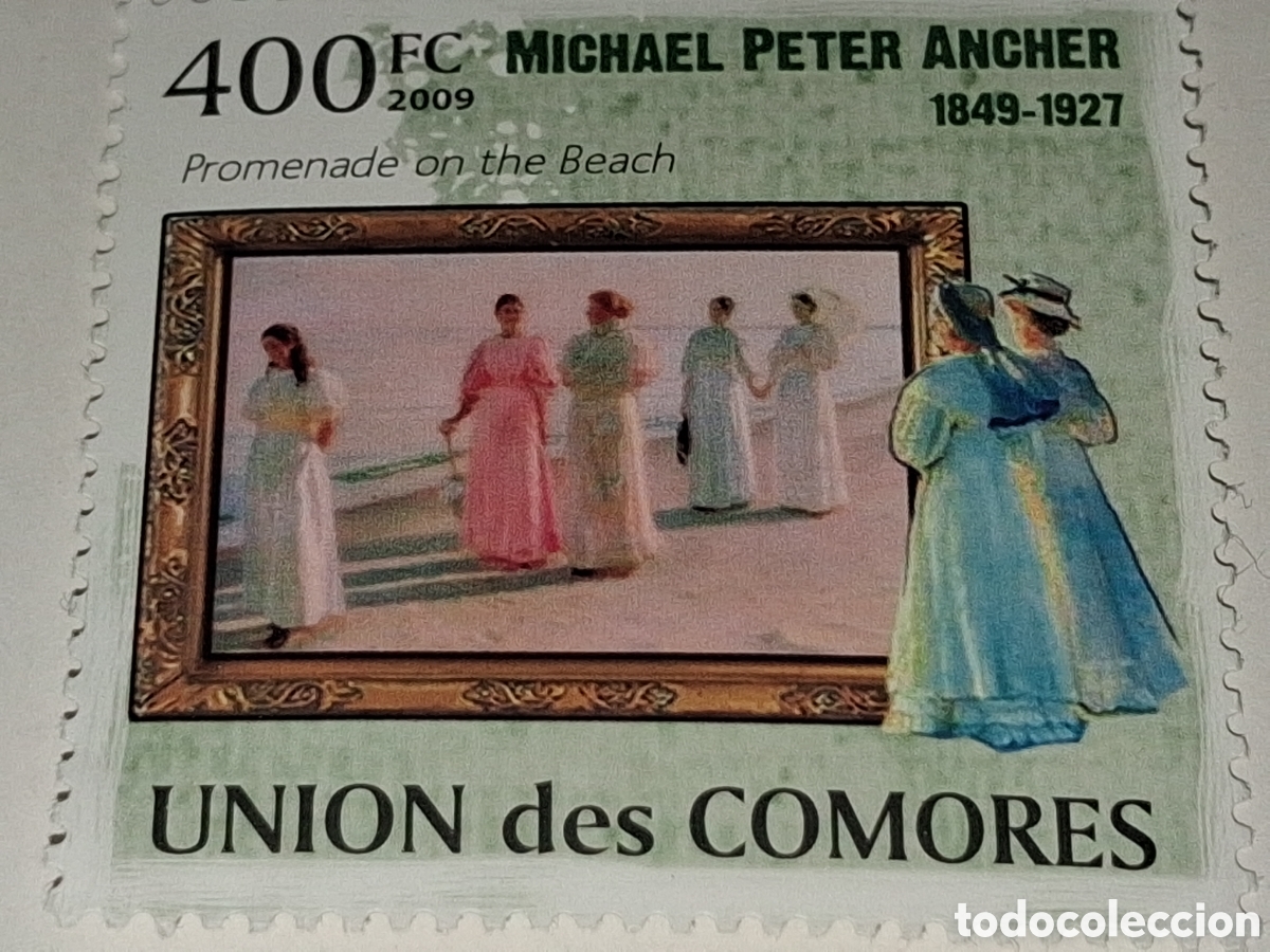 Sellos: Sello Comoras nuevo 2009. Michael Peter Ancher. Pinturas. Vestidos. Arte. Paseo. Playa. Mujer.