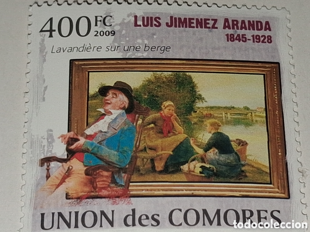 Sellos: Sello Comoras nuevo 2009. Arte. Pintura. Lavandera. Lago. Jimenez Aranda. Naturaleza. Arbol.