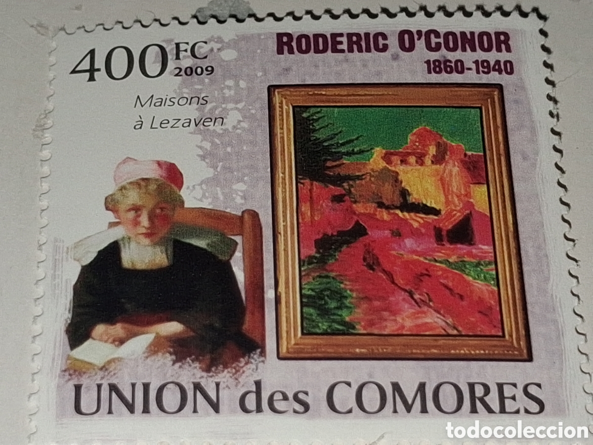 Sellos: Sello Comoras nuevo 2009. Arte. Pintura. Casas. L. Roderic O,Conor. Naturaleza. Camino