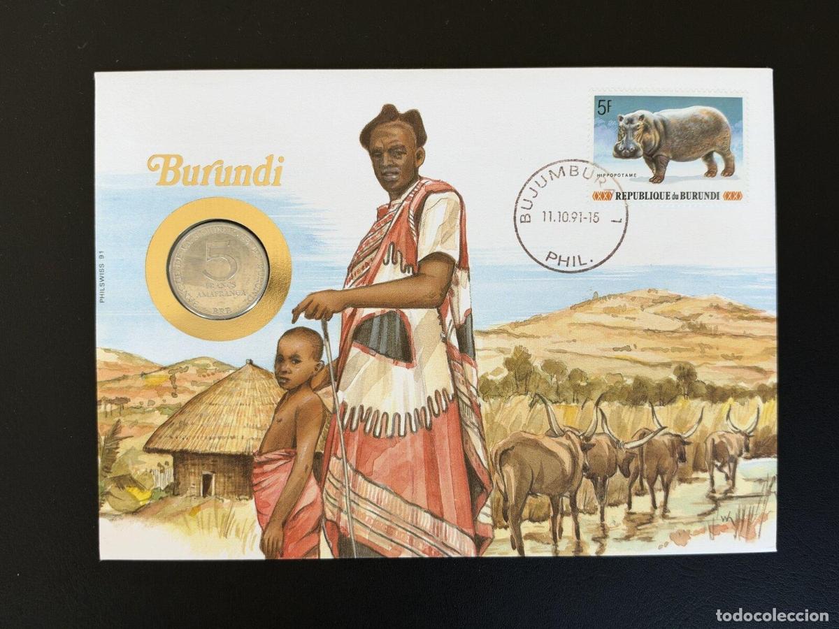 Sellos: Burundi sobre numism&aacute;tico 5 Francos sello hipop&oacute;tamo 1991