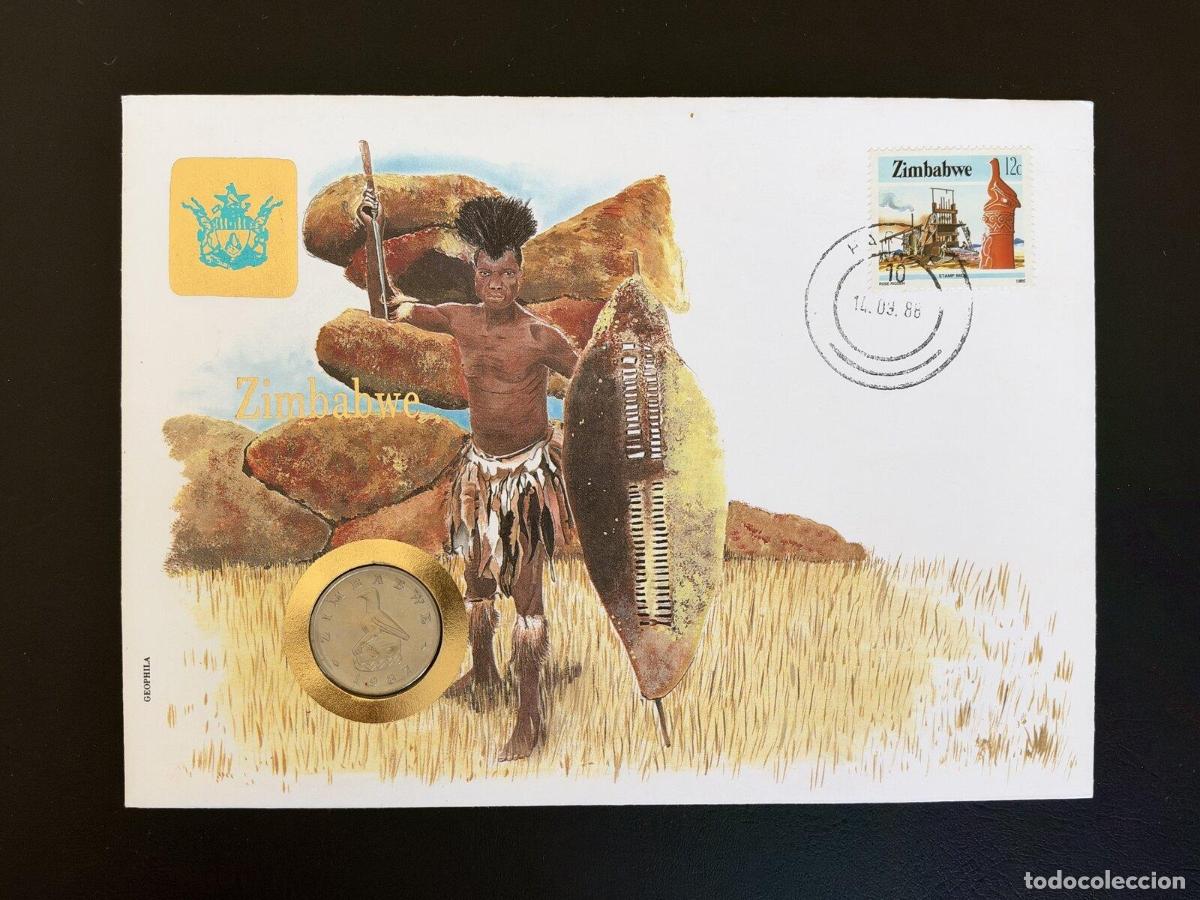 Sellos: Zimbabwe sobre numism&aacute;tico 1988 sello 12c moneda 20 centavos