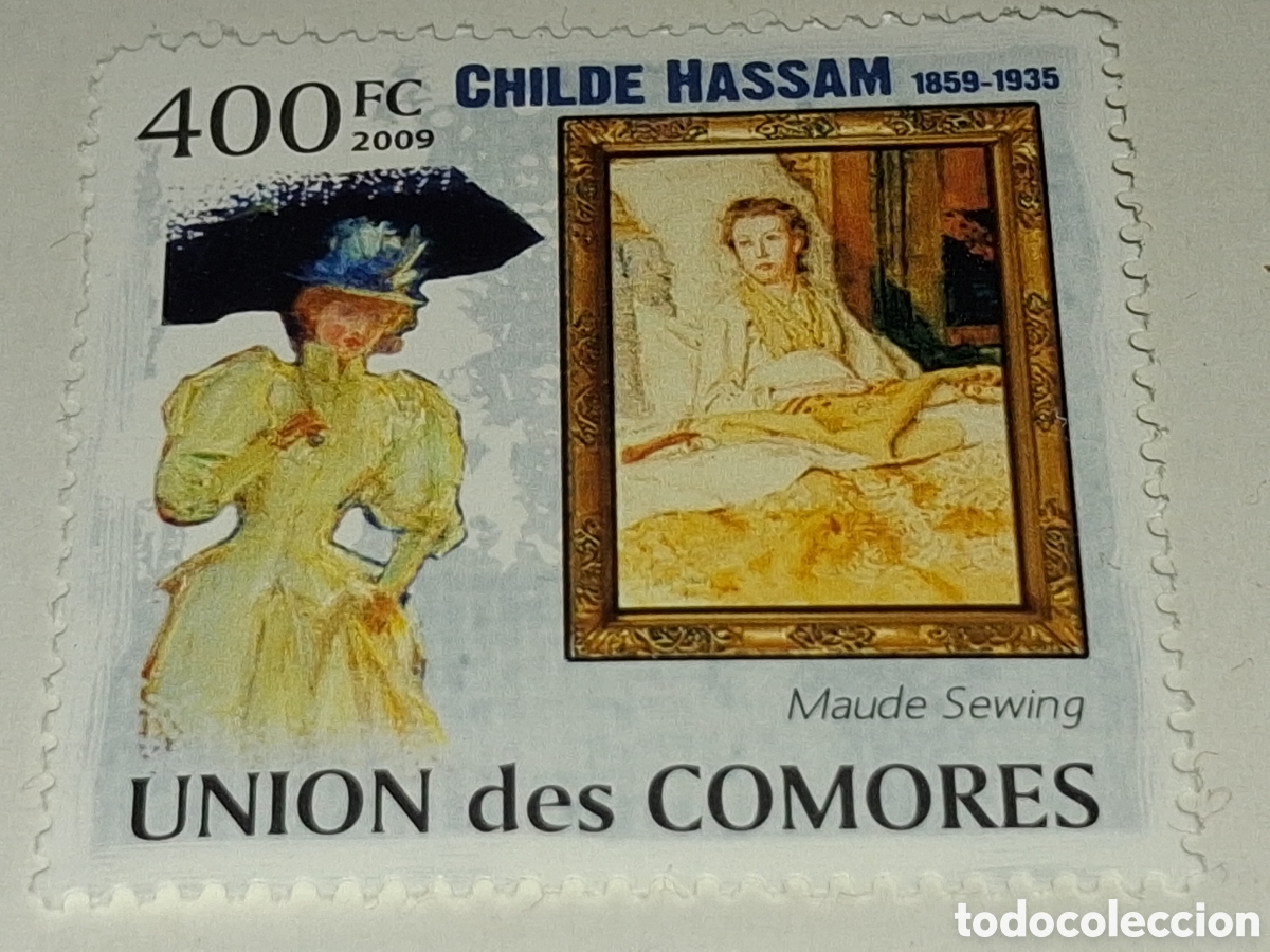 Sellos: Sello Comoras nuevo 2009. Arte. Pintura. Childe Hassam. Costura. Sombrilla. Trajes tipicos