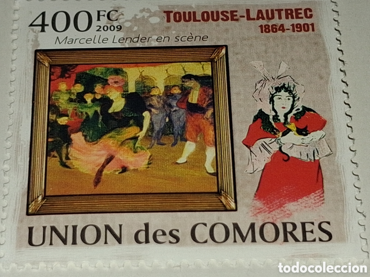 Sellos: Sello Comoras nuevo 2009. Arte. Pintura. Henri Toulouse. Bailando bolero. Folclore. Trajes.