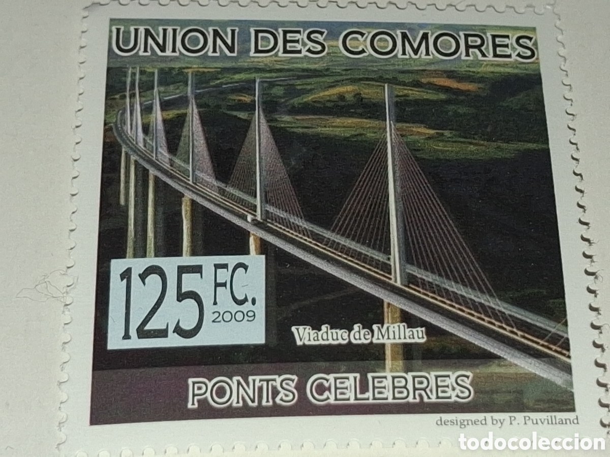 Sellos: Sello Comoras nuevo 2009. Puentes. Carreteras. Arquitectura. Millau France. Colgante. Naturaleza. A