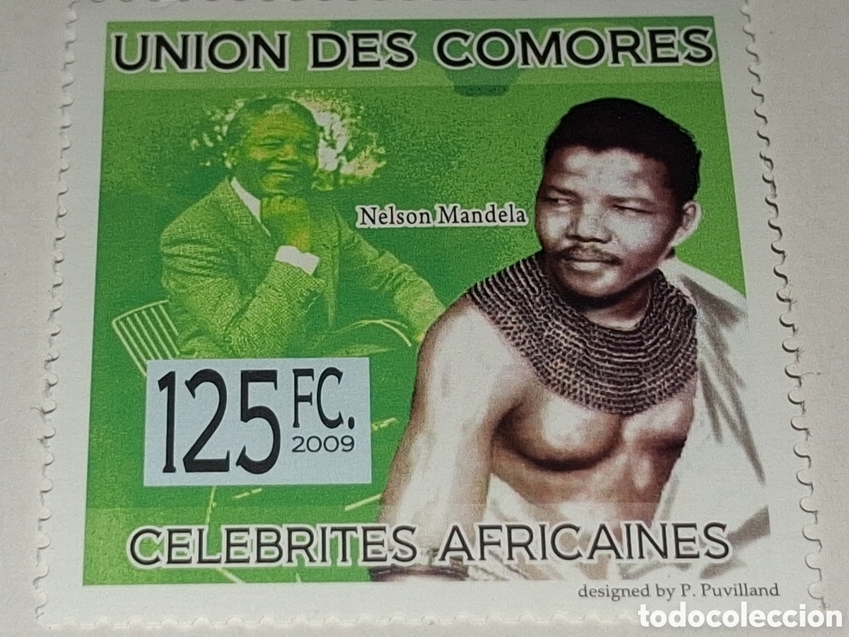Sellos: Sello Comoras nuevo 2009. Famosos. Nelson Mandela. Lucha segregaci&oacute;n. Nobel paz. Presidente. L&iacute;der.