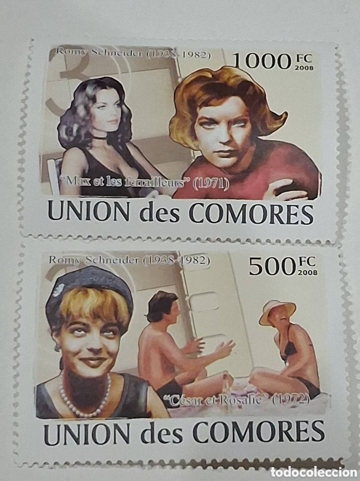 Sellos: Sello Comoras nuevo 2008. Romy Scheider. 7&deg; arte. Pel&iacute;culas. Cine. Actriz. Sisi.