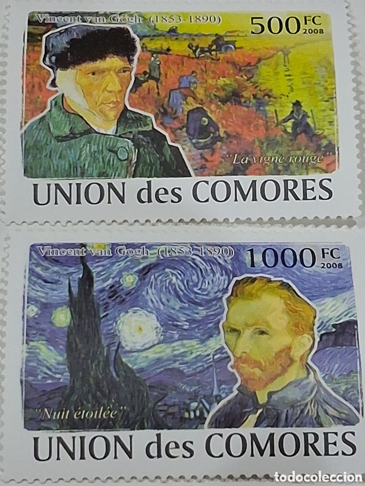 Sellos: Sello Comoras nuevo 2008. Vicent van Gogh. Arte. Pintura. Autoretarato. Noche estrellada. Vi&ntilde;a. Camp