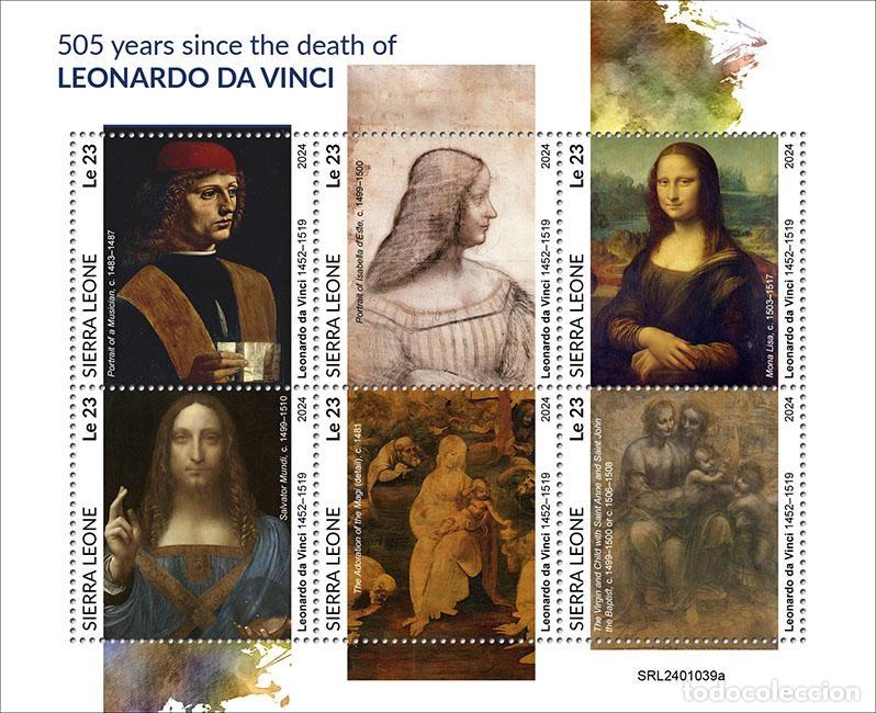Sellos: Sierra Leona 2024 Mi. 18252-18257 hoja Leonardo da Vinci pinturas