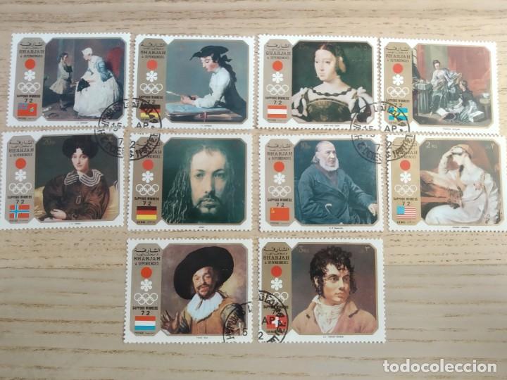 Stamps: 10 sellos SHARJAH (Emiratos Arabes Unidos) 1972. Serie Champions of Sapporo Winter Games- Paintings