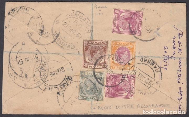 Selos: &rdquo;F-EX8702 MALAYA STRAITS SETTLEMENTS MALASIA REG COVER 1951 TO INDIA.&rdquo;