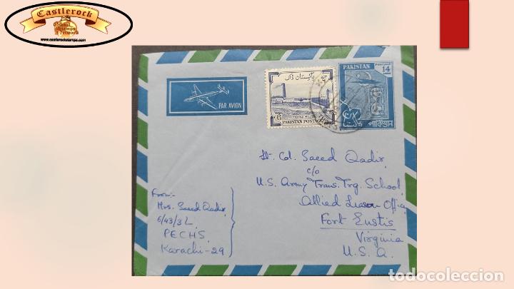Sellos: O) PAKISTAN, STAR AND CRESCENT, PLANE AND HOUR GLASS, TEXTILE MILL, AIRMAIL TO USA