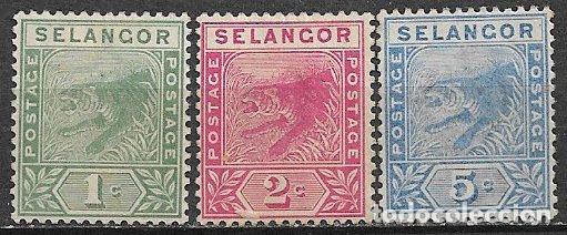 Selos: SELANGOR 1891 Tigre, IVERT n&ordm; 8, 9 y 11 (*)