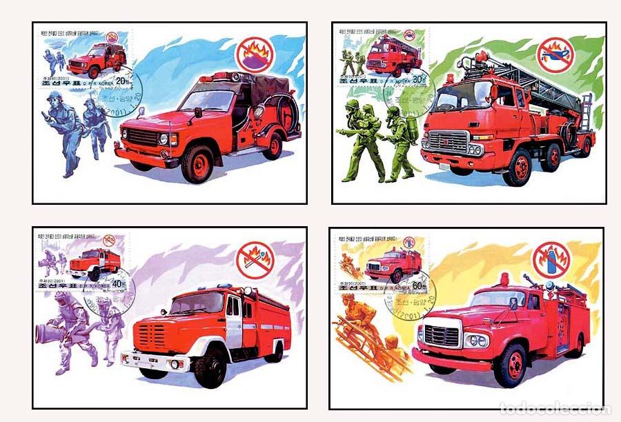 Sellos: RPDC 2001 Camiуn de bomberos y bomberos. - Foto 1