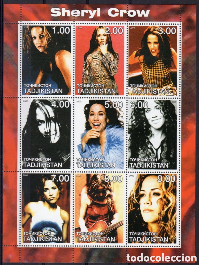 Francobolli: TADJIKISTAN 2000 SHEET MNH SHERYL CROW SINGERS MUSIC CANTANTES MUSICA