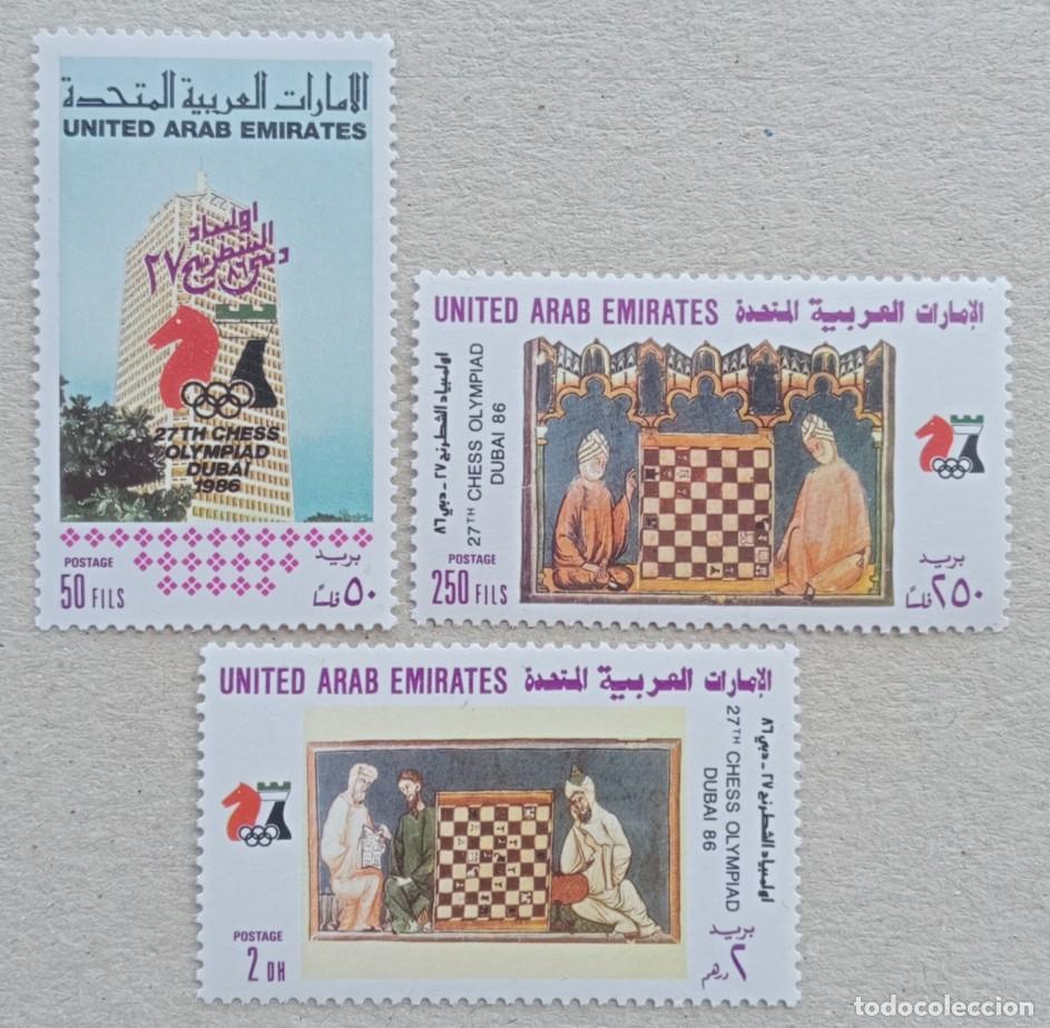 Sellos: 1986. EMIRATOS &Aacute;RABES UNIDOS. 201 / 203. Olimp&iacute;ada de Ajedrez en Dubai. Serie completa. Nuevo.