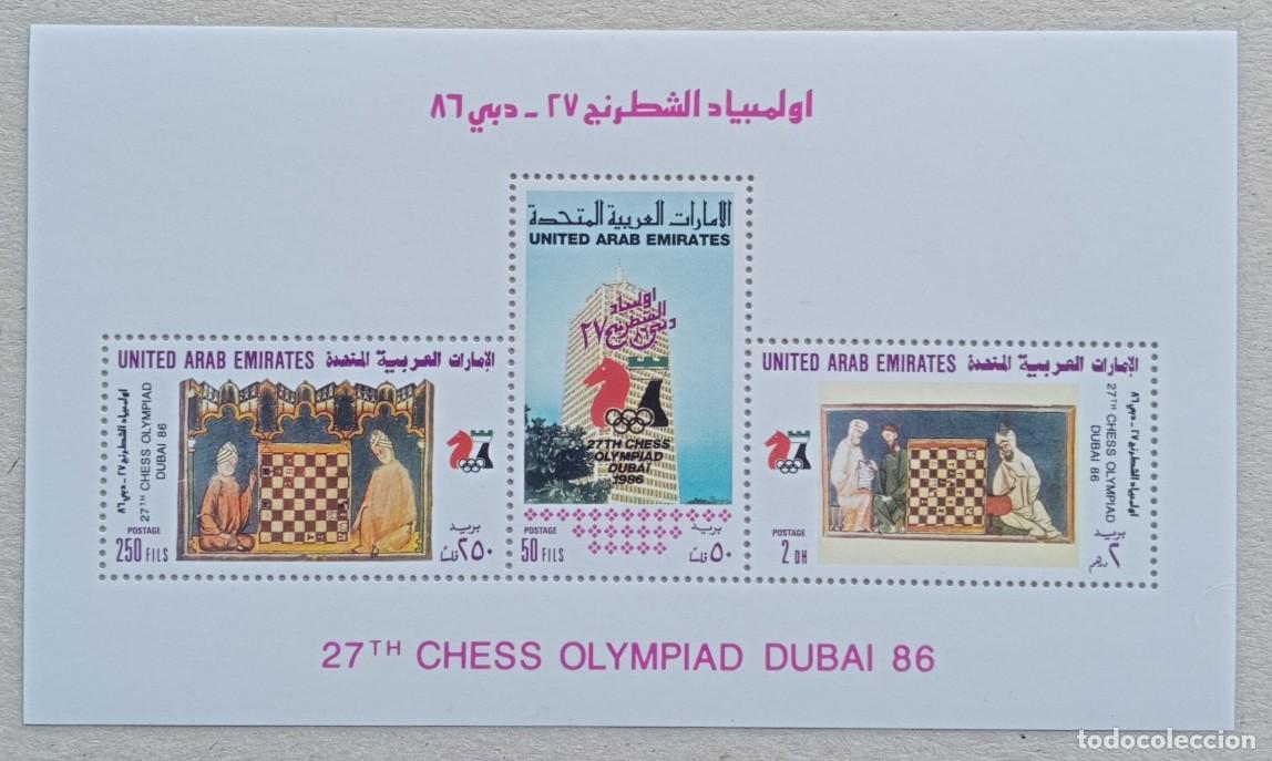 Sellos: 1986. EMIRATOS &Aacute;RABES UNIDOS. HB 5. Olimp&iacute;ada del Ajedrez disputada en Dubai. Nuevo.