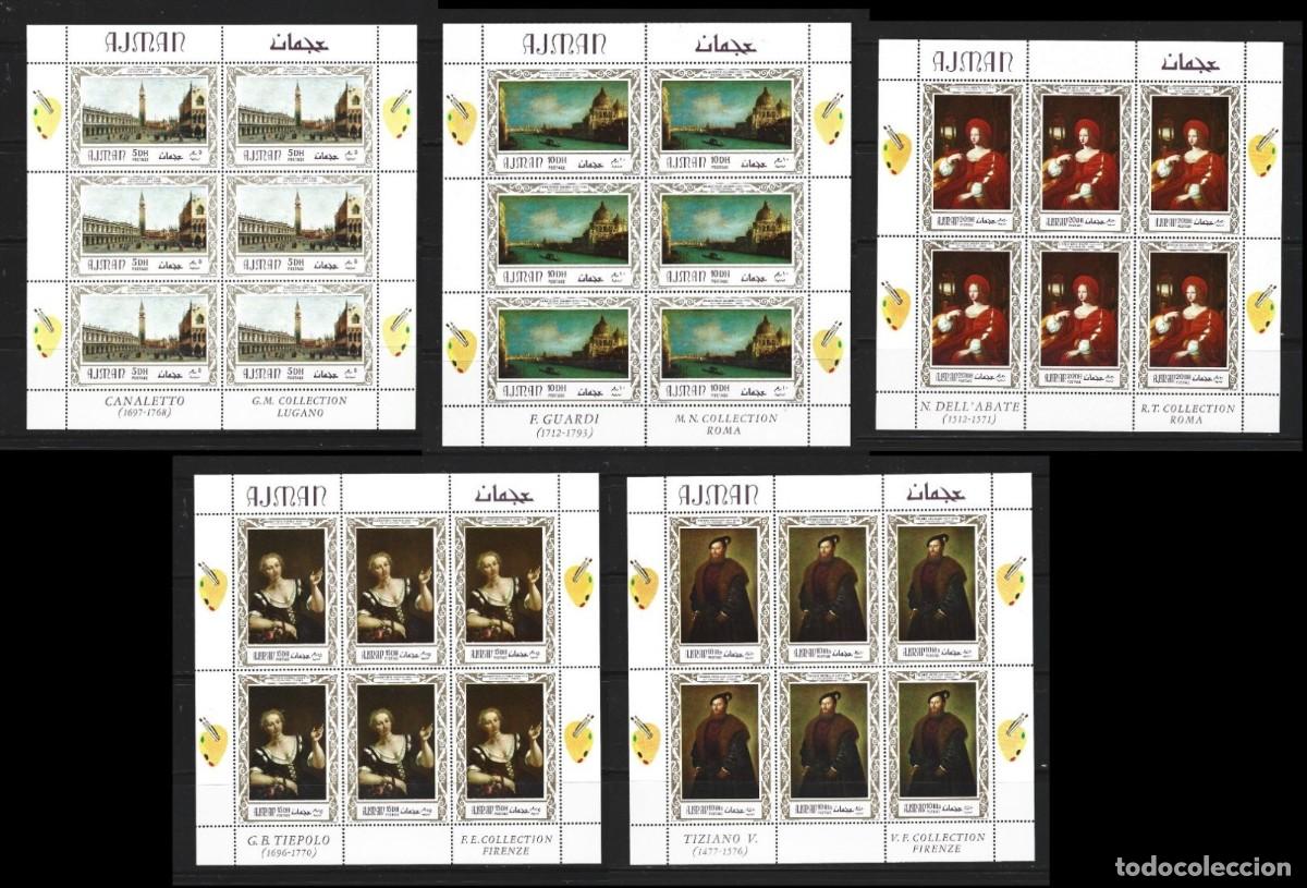 Sellos: AJMAN 1969 5 SHEETS MNH TITIAN VECELLI TIEPOLO GUARDI CANALETTO ARTE PINTURAS ART PAINTINGS