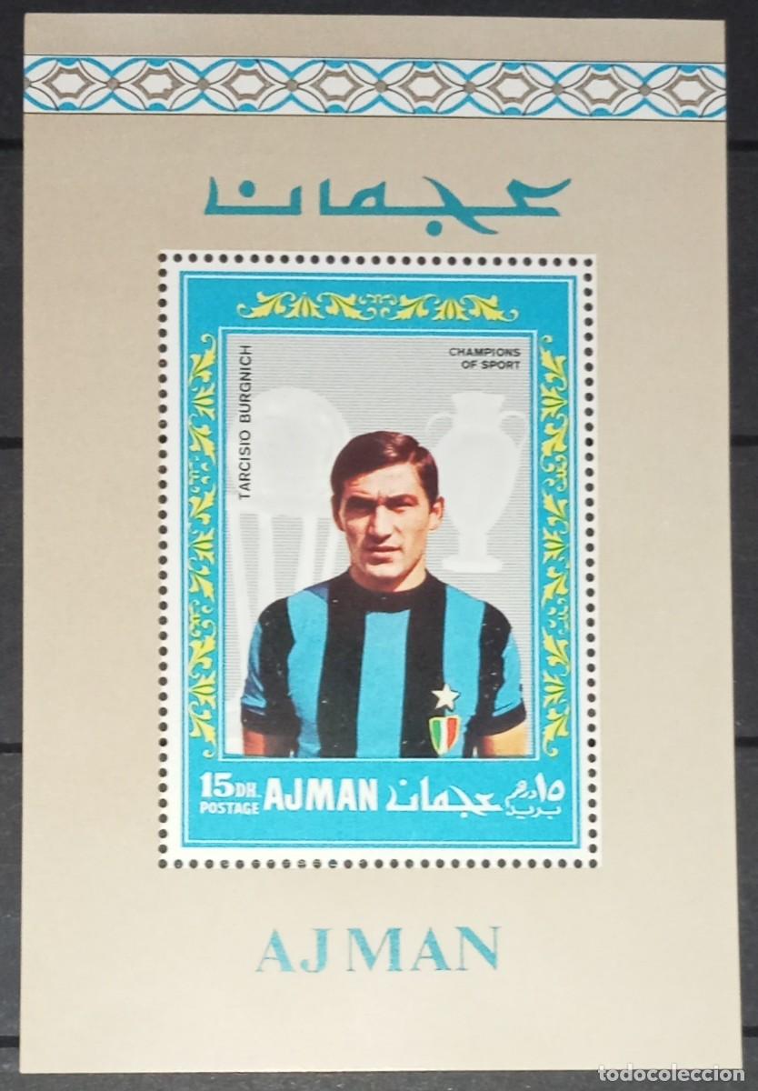 Sellos: AJMAN 1968 SHEET DELUXE MNH INTER DE MILAN TARCISIO BURGNICH CAMPEONES DEL DEPORTE FUTBOL FOOTBALL