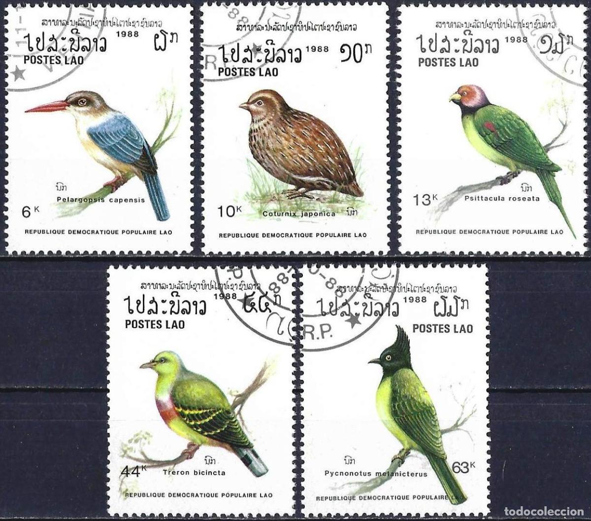 Sellos: Laos 1988 - Mi 1082 a 1086 - YT 865 a 869 - Aves