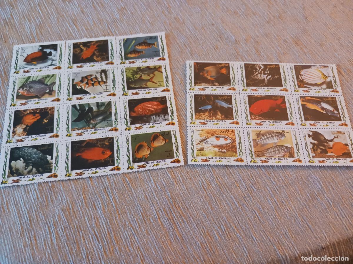 Sellos: 2 hojitas, Umm-Al-Qiwain. Peces. Tropical fishes. 1973. 9 y 12 sellos en hojas