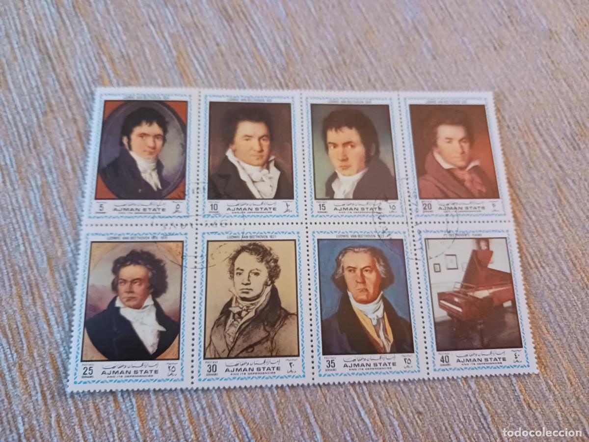 Sellos: hojita, total 8 sellos, ajman, beethoven