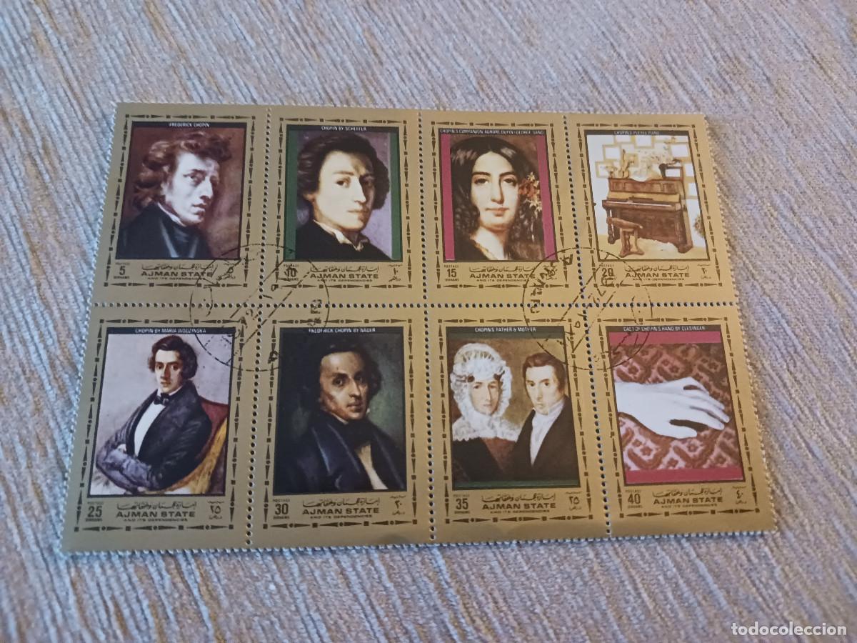 Sellos: hojita, total 8 sellos, ajman, chopin