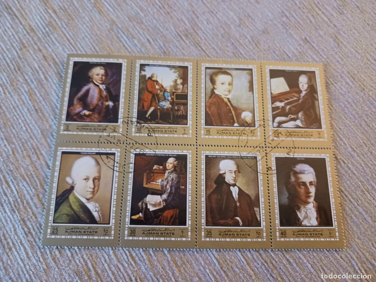 Sellos: hojita, total 8 sellos, ajman, mozart