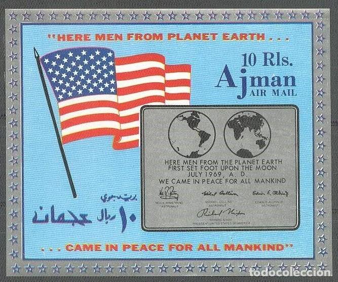 Sellos: AJMAN 1969 SHEET MNH APOLLO 11 PLACA CONMEMORATIVA LUNAR ESPACIO ESPACE SPACE BANDERAS FLAGS