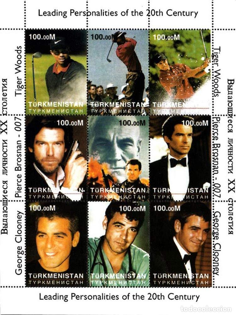 Sellos: TURKMENISTAN 1997 SHEET MNH GEORGE CLOONEY PIERCE BROSNAN CINE ACTORES TIGER WOODS GOLF DEPORTES