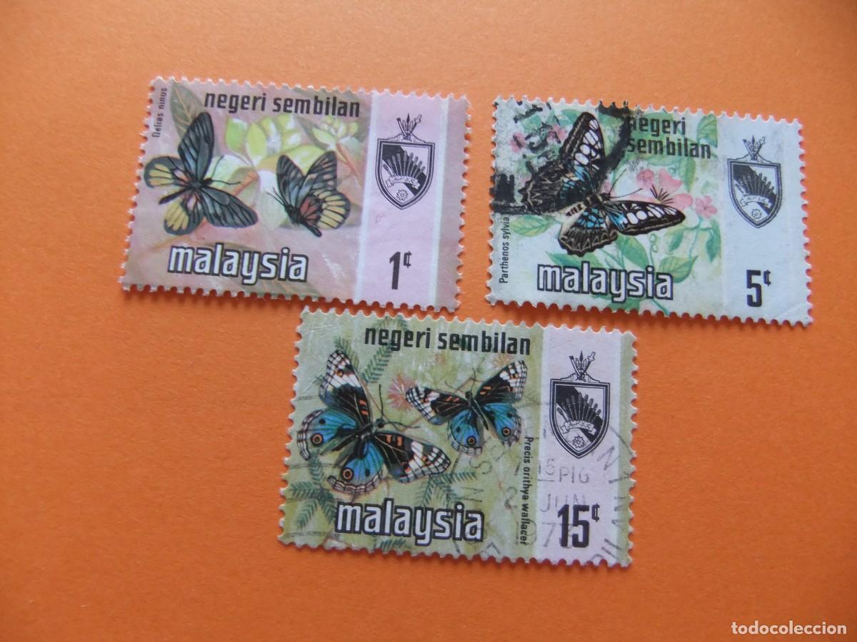 Sellos: 43 NEGRI SEMBILAN 1971 / FAUNA INSECTOS MARIPOSAS y ESCUDO de ARMAS / YVERT 80 + 82 + 85 FU