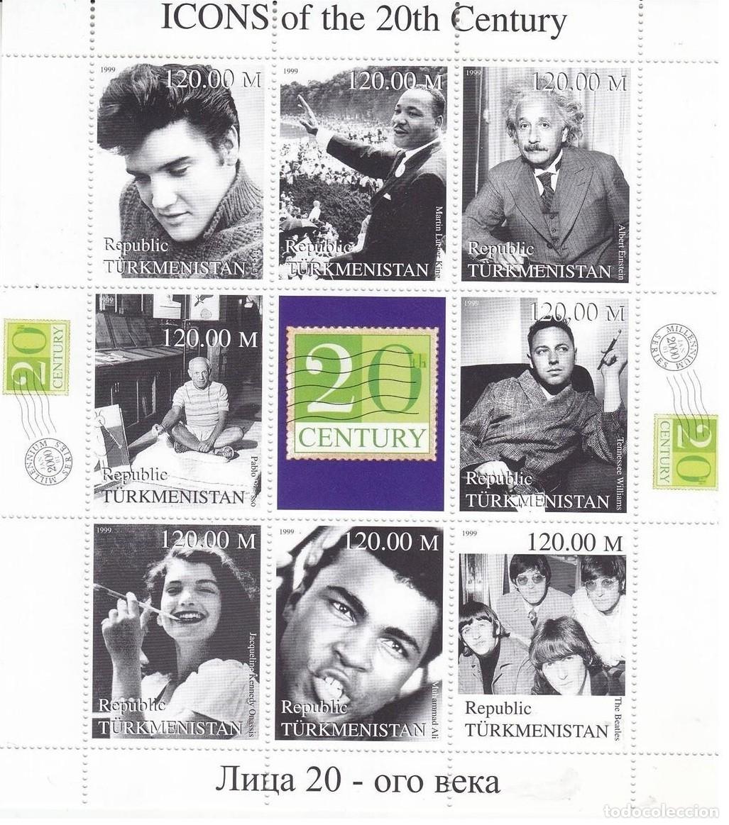 Sellos: TURKMENISTAN 1999 SHEET MNH ICONOS EINSTEIN ELVIS THE BEATLES MUHAMMAD ALI JACKIE KENNEDY PICASSO