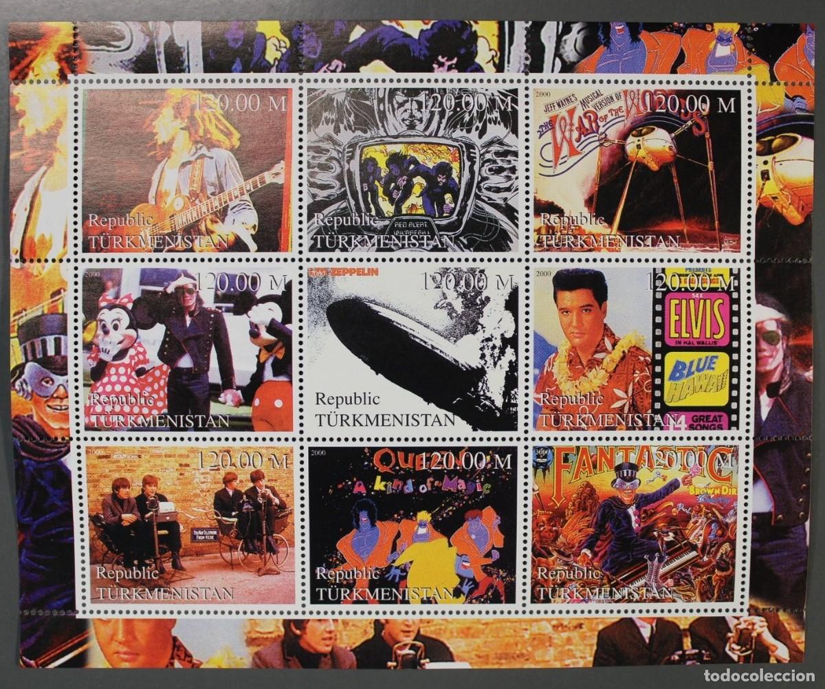 Sellos: TURKMENISTAN 2000 SHEET MNH QUEEN ELVIS DISNEY MICHAEL JACKSON BEATLES BOB MARLEY CANTANTES MUSICA