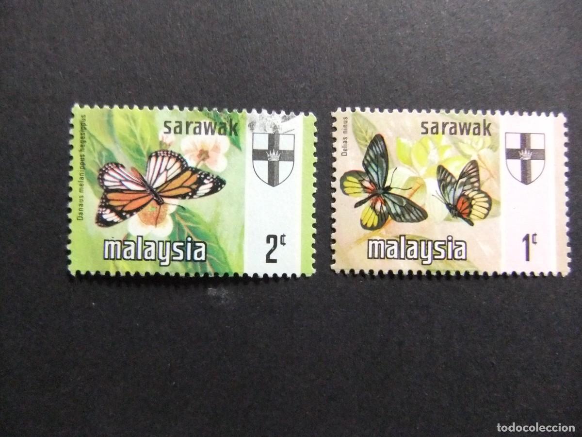 Sellos: 43 SARAWAK 1977 / FAUNA INSECTOS MARIPOSAS y ESCUDO / YVERT 220 + 221 FU