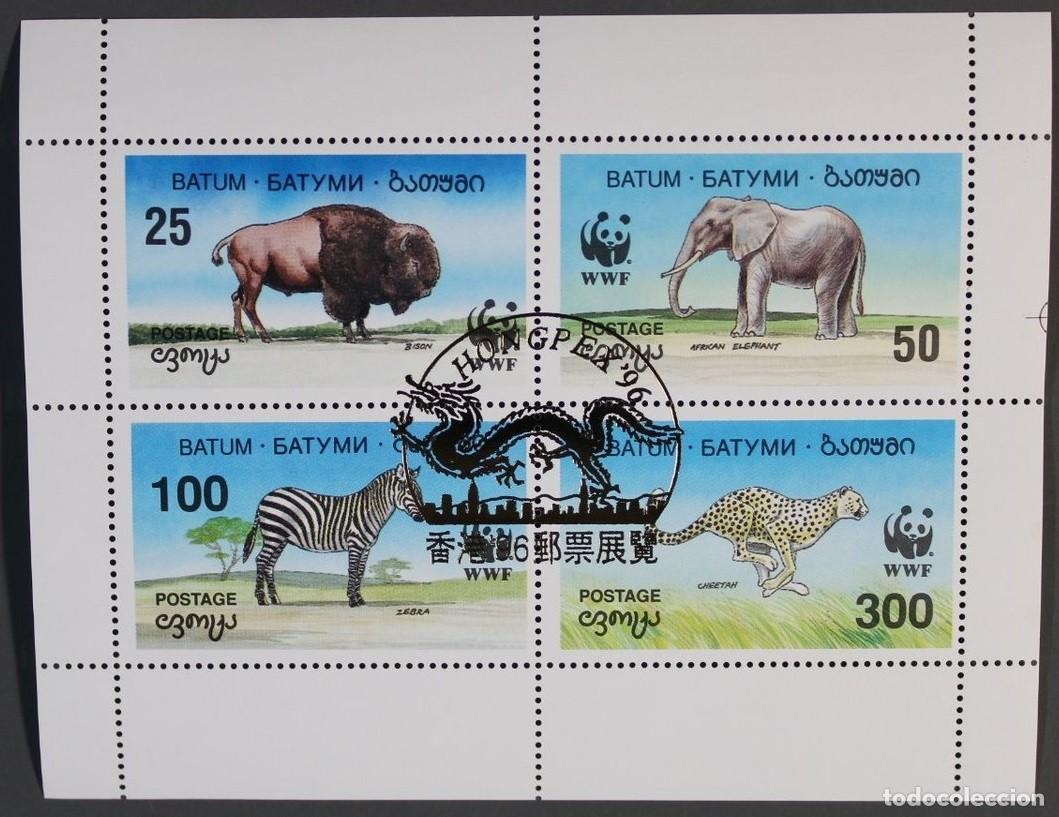 Sellos: BATUM 1994 SHEET MNH OVERPRINTED HONGPEX 96 WWF FAUNA BISONTES GUEPARDOS FELINOS CEBRAS ELEFANTES