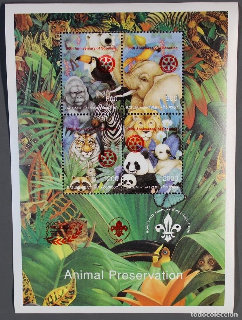 Sellos: BATUM 1994 SHEET MNH RED OVERPRINTED SCOUT ROTARY OSOS ELEFANTES TIGRES AVES CEBRAS MAPACHES MONOS