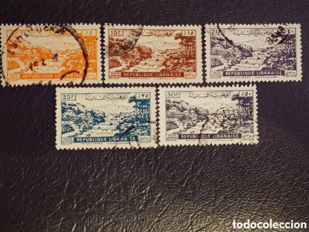 Sellos: L&iacute;bano 1948 - Serie Paisajes Correo A&eacute;reo - Usados - Scott #C135-C139 (5 v)